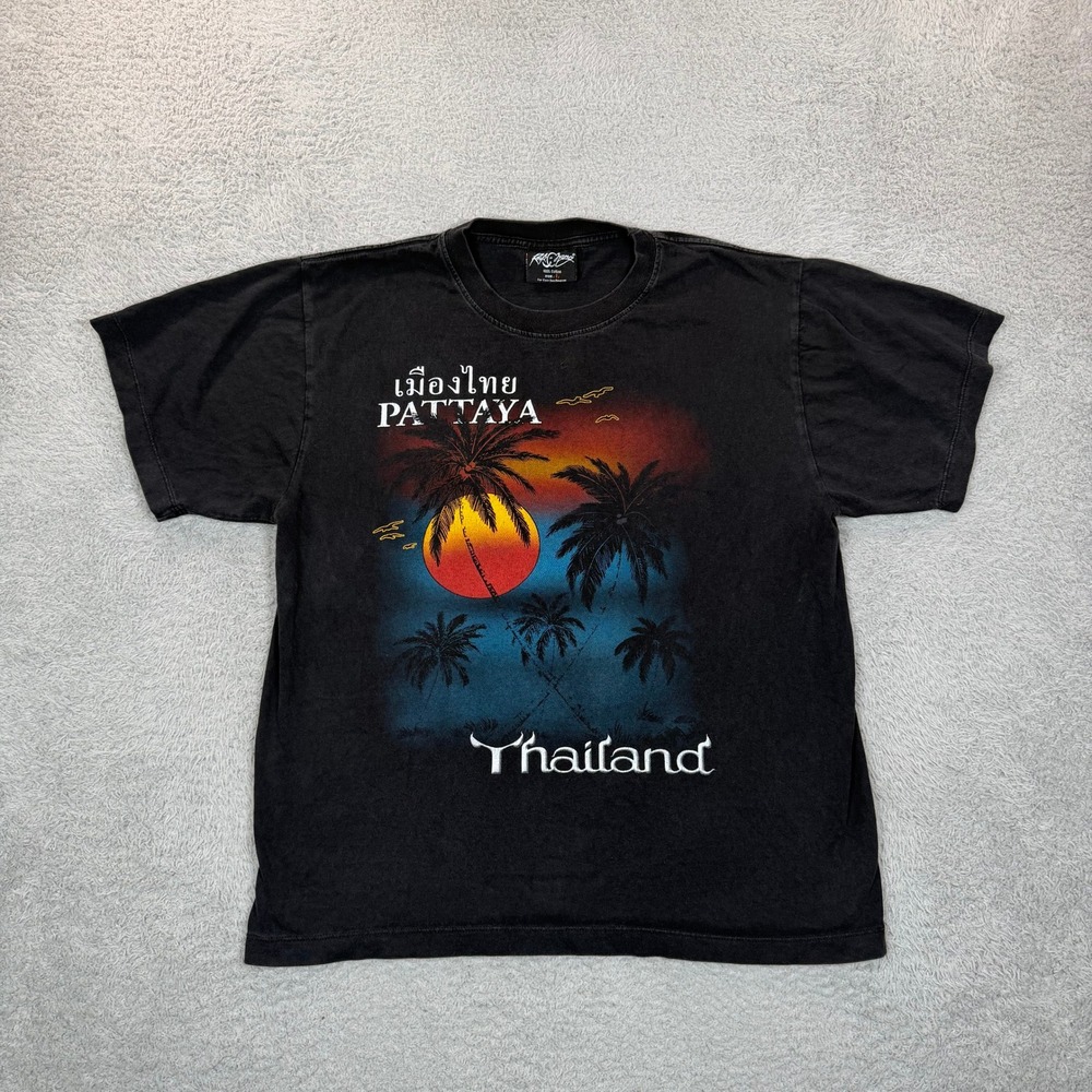 Vintage Rock Chang Pattaya Thailand Graphic T-Shirt Mens L Black Sunset Retro